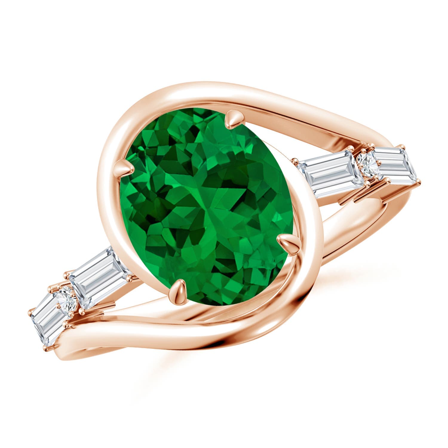 Vintage Inspired Oval Lab-Grown Emerald Bypass Shank Engagement Ring