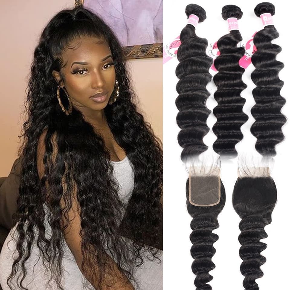 Alipearl Peruvian Loose Deep Wave Hair 3pcs with 4*4 5*5 6*6 Lace Closure