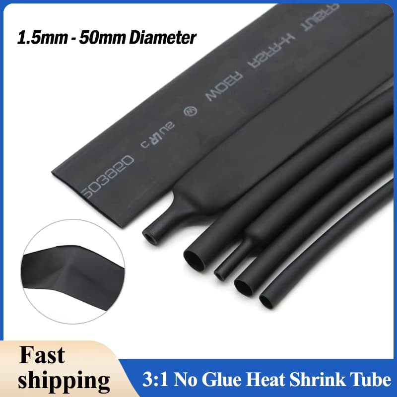 3:1 Black Heat Shrink Tube No Glue 1.5/3/4.5/6/9/12/15/18/24/30/39/50mm Polyolefin Insulated Waterproof Protection Cable Sleeve