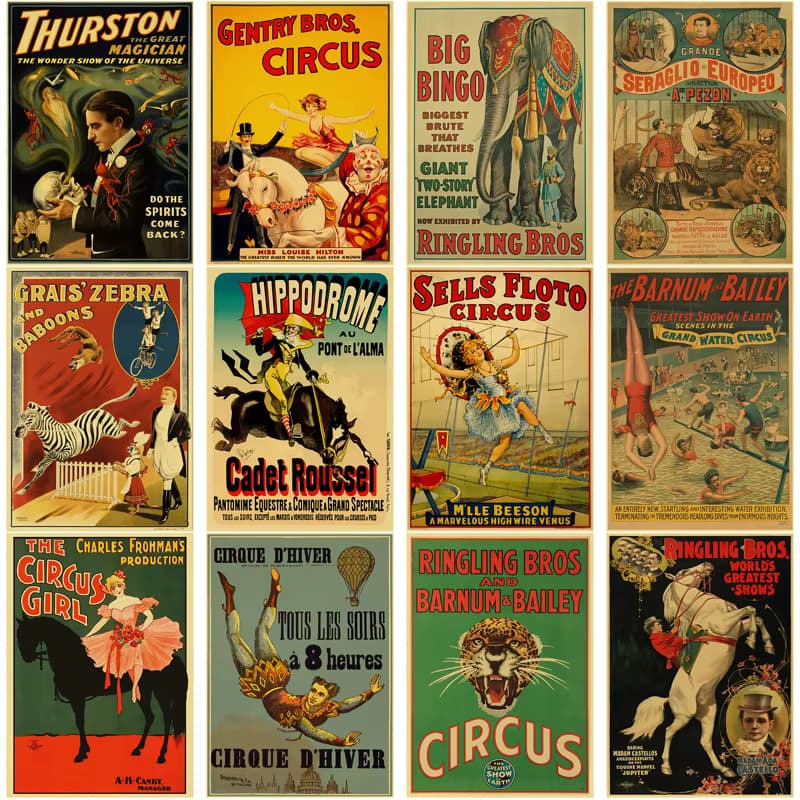 Retro Circus Posters Acrobat Magician Wild West Kraft Paper Prints Vintage Home Room Aesthetic Art Wall Decor Painting Pictur