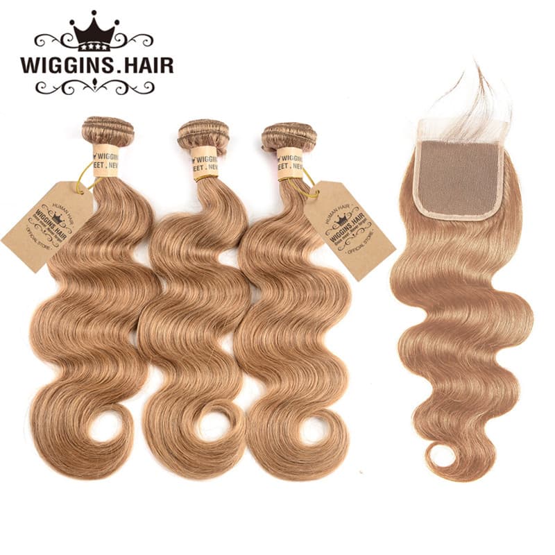 Honey Blonde #27 Color Body Wave Hair 3 Bundles With Closure