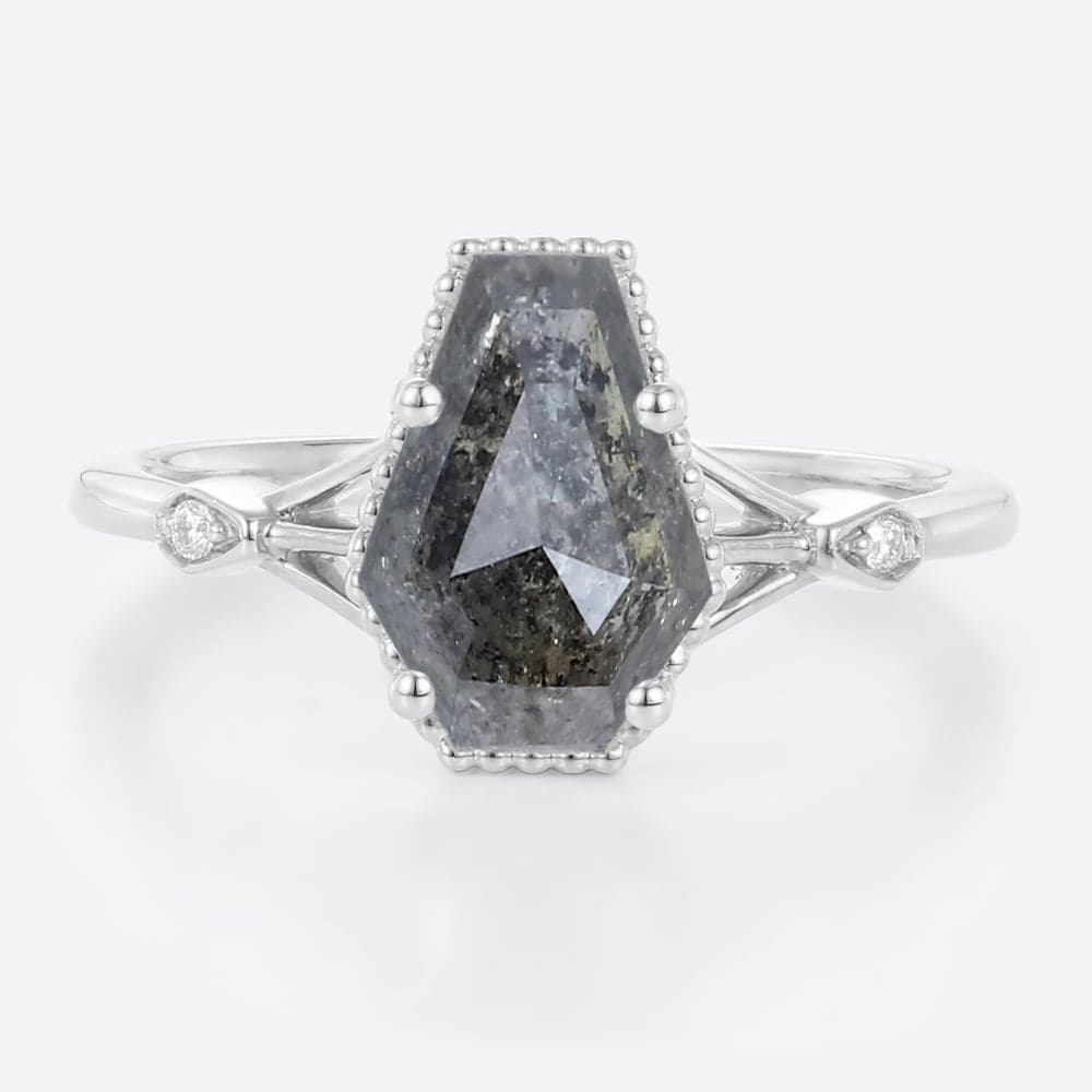 White Gold Coffin Shaped Salt Pepper Diamond Engagement Ring Unique Bridal Ring