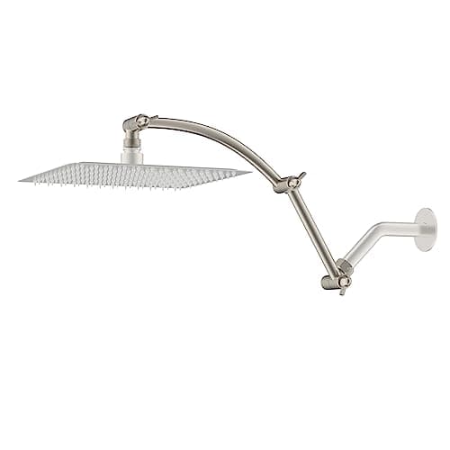 Hibbent Shower Head Extension Arm,16" Solid Brass Adjustable Extender with Lock Joint, Standard 1/2", Rise or Lower Rainfall and Fixed Shower