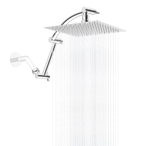 Hibbent All Metal 8'' Rain Shower Head with 16'' Extension Arm, Chrome | cUPC Certified High Pressure Rainfall Showerhead with Solid Brass Adjustable