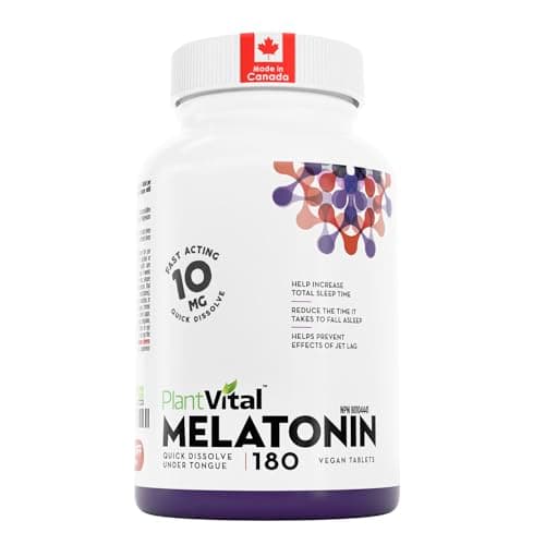 PlantVital Melatonin 10mg - Made in Canada - Maximum Strength Fast Dissolve Vegan Tablets - Sleep Support, Jet Lag Relief, Sleep Aid, Reset Sleep-Wake