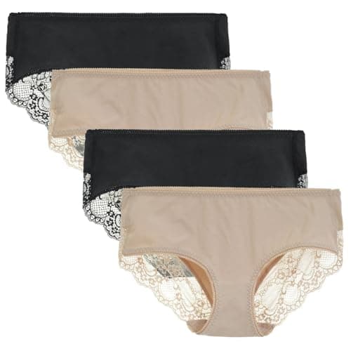 Women's 4 Pack Mid Rise Cotton Hipster Ladies Lace Panties Full Coverage Underwear