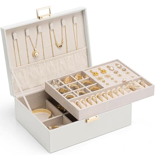 VLANDO 2-Layer Jewelry Box Organizer with Removable Tray, Beige | Adjustable Dividers, Soft Velvet Lining,Jewelry Organizer for Necklace Earrings