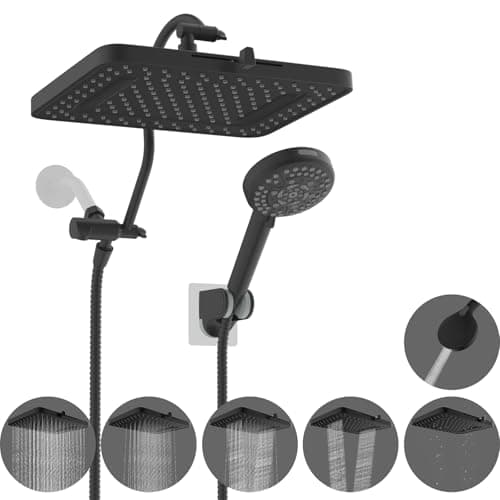Hibbent 13'' 5-Spray Rain Shower Head with 10-Spray Handheld, Matte Black | cUPC Certified High Pressure Dual Showerhead Combo, Upgraded Rainfall