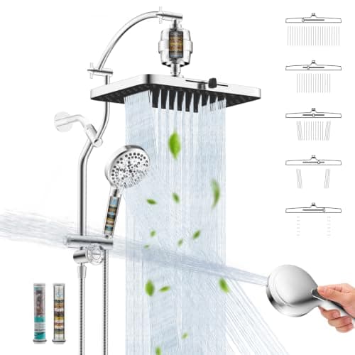 Hibbent 13" Filtered Shower Head & Filtered 10-Mode Handheld Combo, Chrome | High Pressure 5-Spray Showerhead, 4-way Diverter, Heightened All Metal