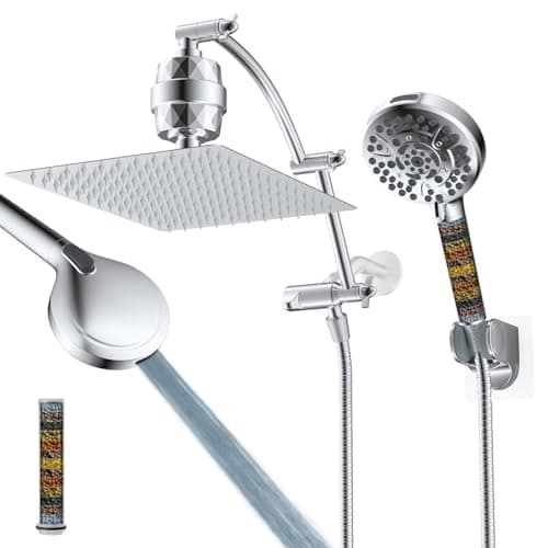 Hibbent All Metal 12'' Dual Filtered Rainfall Shower Head Combo, High Pressure Handheld Shower Head with 16'' Adjustable Arc Extension Arm, 20 Stage