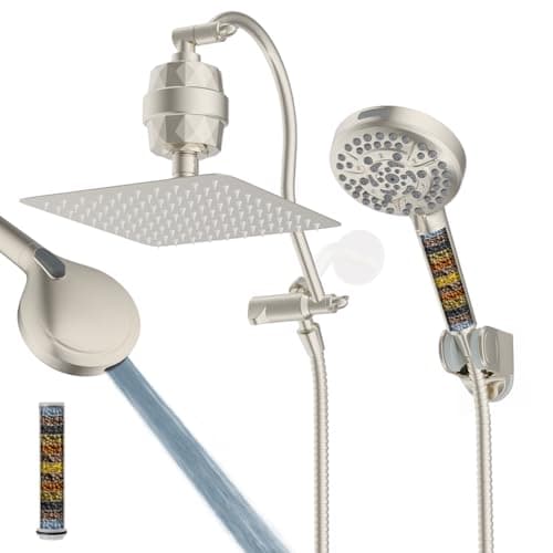 Hibbent All Metal 10'' Filtered Rainfall Shower Head Combo, High Pressure Handheld Shower Head with 12'' Adjustable Curved Extension Arm, 20 Stage
