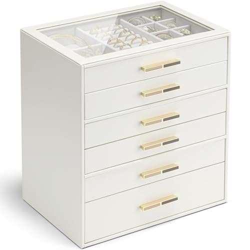 VLANDO Jewelry Box with Glass Lid and 6 layers, Beige | Jewelry Organizer with 6 Divided Drawers Display and Organize Rings, Earrings, Necklaces and