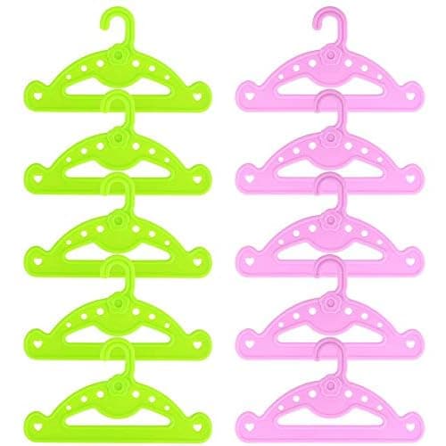 ZITA ELEMENT 10 Pcs Mini Hangers for 18 Inch Girl Doll Wardrobe Accessories | 10 Pcs Two-Tone Doll Clothes Hangers Set, Green and Pink; Plastic Hanger