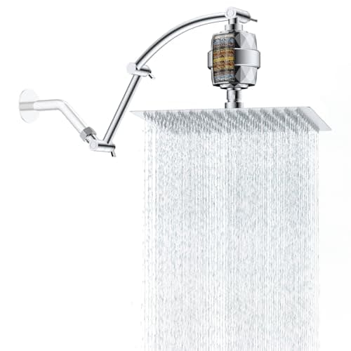 Hibbent 12'' Filtered Rain Shower Head with 16'' Extension Arm, Chrome | High Pressure Rainfall Showerhead, Brass Adjustable Shower Head Extension