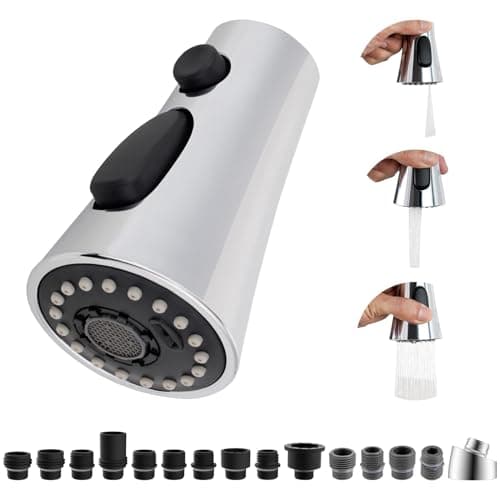 Hibbent Kitchen Sink Faucet Head Replacement, NSF/ANSI/CAN 61 & CUPC Certified, 3-Function Pull Down Sprayer Nozzle with 15 Adapters, Compatible with