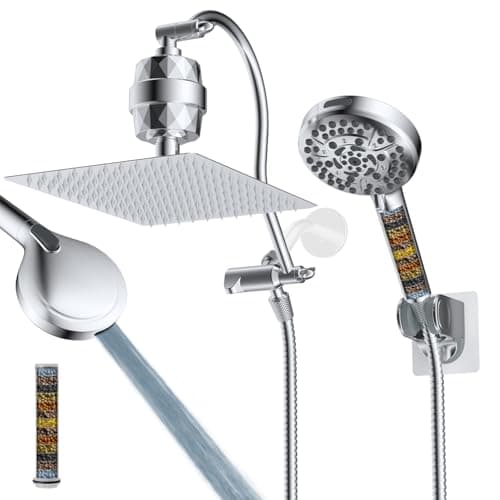 Hibbent All Metal 12'' Dual Filtered Rainfall Shower Head Combo, High Pressure Handheld Shower Head with 12'' Adjustable Curved Extension Arm, 20
