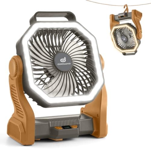 Odoland Portable Camping Fan with LED Light, 20000mAh Rechargeable Desk Fan | Operated Battery Fan with Hook, 4 Speeds Outdoor Tent Fan for Power