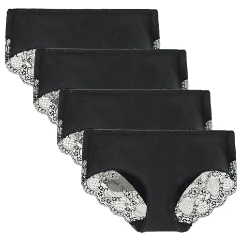 Women's 4 Pack Mid Rise Cotton Hipster Ladies Lace Panties Full Coverage Underwear