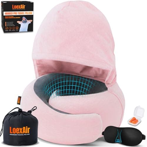 Hooded Pro Travel Pillow - Memory Foam Neck Support Pillow with Hood for Airplane, Flight - 100% Cotton Fabric, Maximum Privacy & Light-Block Design,