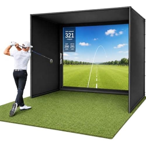 ZEALFEEL Golf Simulator Enclosure, 11 x 8 ft, HD Impact Screen | Dual-layer impact screen, side barriers, foam-padded frame, indoor golf cage for