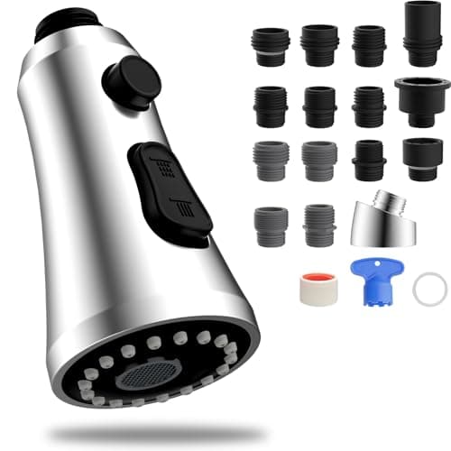 Hibbent Pull Down Kitchen Faucet Head Replacement, 3-Function NSF/ANSI/CAN 61 & CUPC Certified Sink Spray Nozzle, 15 Adapters, Compatible with Moen,