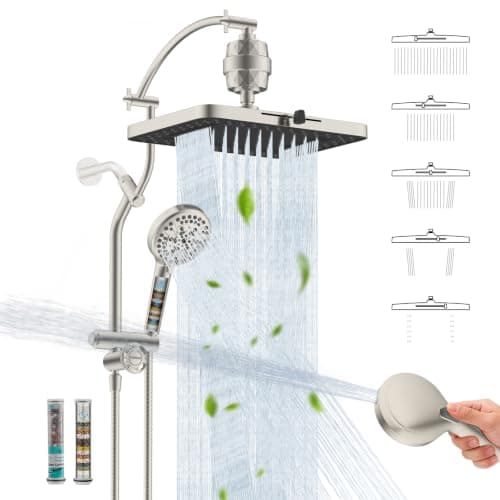 Hibbent Dual-Filtered 13" Shower & 10-Mode Handheld Combo, Brushed Nickel | High Pressure 5-Spray Showerhead, 4-way Diverter, Upgraded Heightened All