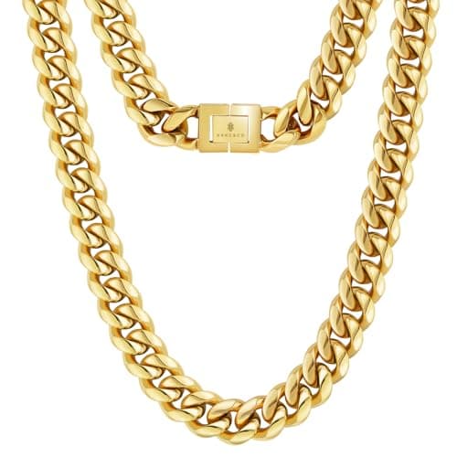 KRKC&CO Cuban Link Chain, 18K Gold Plated Stainless Steel 8/10/12/14mm | Necklace for Men Anti-Tarnish Anti-Allergies, Miami Chunky Bold Curb Chains