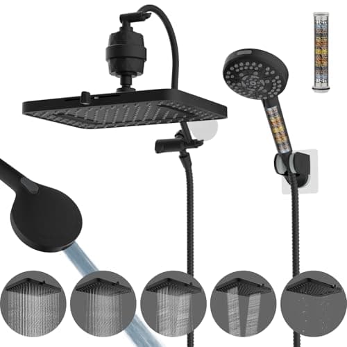 Hibbent 13'' Filtered Shower Head with 10-Spray Handheld, Matte Black | 5 Modes Rainfall Shower Head, High Pressure Showerhead Combo, 20 Stage Shower