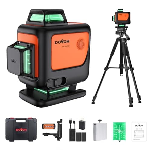 DOVOH 4D Laser Level with Tripod : Dual Batteries Laser Level 360 Self Leveling Green Hard Toolbox for Construction Floor Tiling Ceiling, Class Ⅱ,