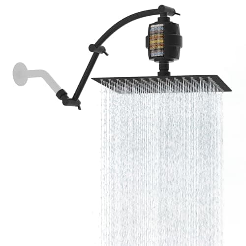Hibbent 12'' Filtered Rain Shower Head with 16'' Extension Arm, Matte Black | High Pressure Rainfall Showerhead, Brass Adjustable Shower Head