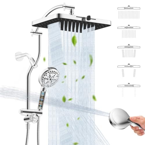 Hibbent 13'' Rain Showerhead Combo, 10 Mode Filtered Handheld Spray, Chrome | High Pressure 5-Spray Showerhead, 4-way Diverter, Upgraded Heightened