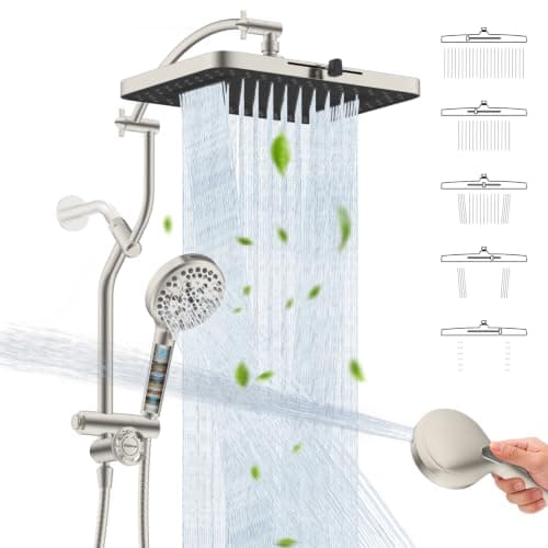 Hibbent 13'' 5 Spray Showerhead, 10 Mode Filtered Handheld, Brushed Nickel | High Pressure Rain Showerhead, 4-way Diverter, Upgraded Heightened All