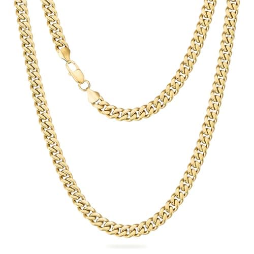 KRKC&CO Men’s Chain Necklace, 14K Gold Plated Stainless Steel Cuban Link | 2/3/4/5/7/9mm,Anti-Tarnish Nickel-Free Flat-Cut, Cuban Link Chain for Men