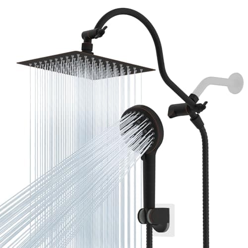 Hibbent All Metal Shower Head, 8'' High Pressure Rainfall Shower Head/Handheld Showerhead Combo with 12'' Adjustable Curved Shower Extension Arm,