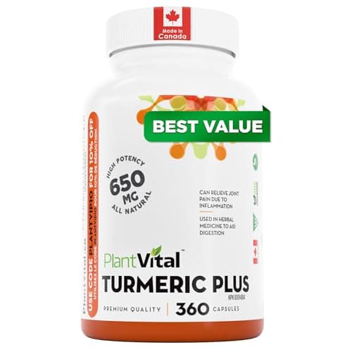 PlantVital Turmeric Curcumin - Made in Canada - with Black Pepper 1300mg (4:1 extract ratio) per dose - Anti Inflammatory & Joint Health Support