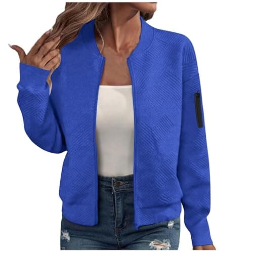 Womens Jacquard Bomber Jacket Lightweight Zip Up Knit Cardigan with Arm Pocket Autumn Fashion Sweater