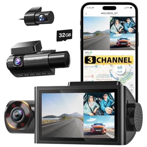 WOLFBOX i07 3 Channel Dash Cam Built-in WiFi GPS, 4K+1080P Dash Camera Front and Inside, 1440P+1080P+1080P Triple Car Camera with 3" LCD Screen, 32GB