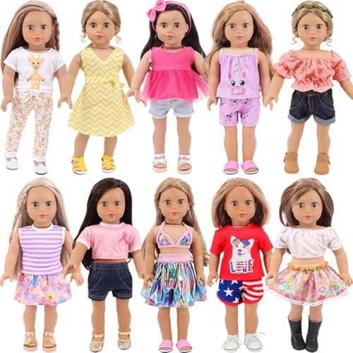 10 Sets Outfit Daily Clothes Accessories for 18 Inch Girl Dolls | Total 10 Sets Dress-up Kit; Daily & Summer Fashion Outfits; Fits 18 Inch Girl Dolls;