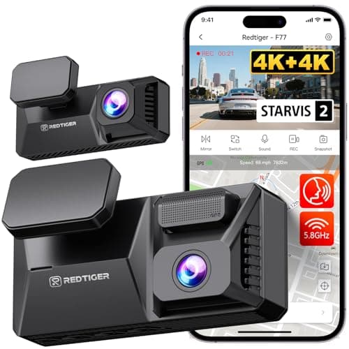 REDTIGER F77 4K+4K Dash Cam Front and Rear, Dual IMX678 STARVIS 2 | 5.8GHz WiFi,128GB Built-In eMMC, 4" Touch Screen, Voice Control, Dual HDR, F1.8