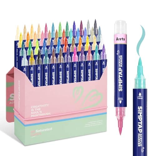 Arrtx Simptap Acrylic Markers, Set of 48 Colors Top Valve Action Marker Pen, Extra Brush Tip, Water Based Paint Markers for Stone, Glass, Easter Egg