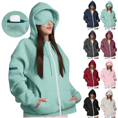 Womens Travel Hoody with Built-in Eye Mask, Full Zip Up Privacy Sweatshirt for Airplane & Commute, Lightweight Autumn Jacket