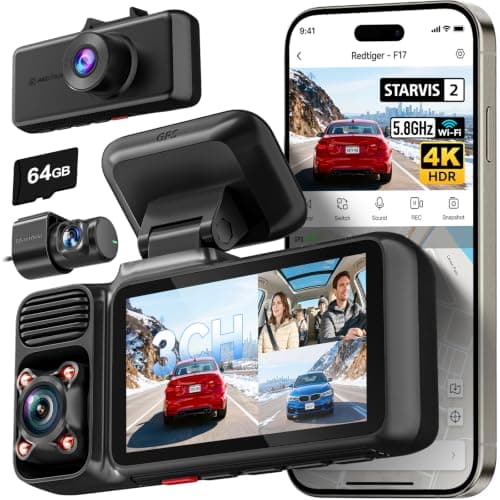 REDTIGER F17 4K 3 Channel Dash Cam 5.8GHz WiFi GPS with 64GB Card, 2160P+1080P+1080P Front and Rear Inside Loop Recording, Triple Car Camera with 3