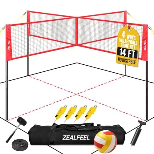 ZEALFEEL 4 Square Volleyball Game Set, 3 Heights Adjustable 4-Way Volleyball Net with Vollyball, Pump, Carry Bag, Hammer, 14 FT 4 Person Net for