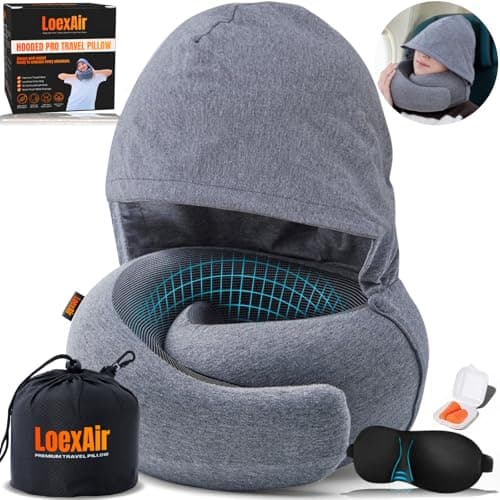 Hooded Pro Travel Pillow - Memory Foam Neck Support Pillow with Hood for Airplane, Flight - 100% Cotton Fabric, Maximum Privacy & Light-Block Design,