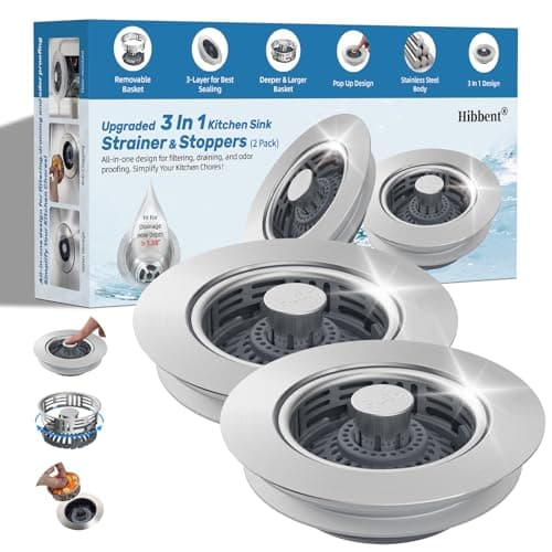 Hibbent Upgraded 2 Pack 3 in 1 Kitchen Sink Drain Strainer, Stainless Steel Pop Up Sink Stopper, Larger Anti-Clogging Basket, 3-Layer Seal, Detachable