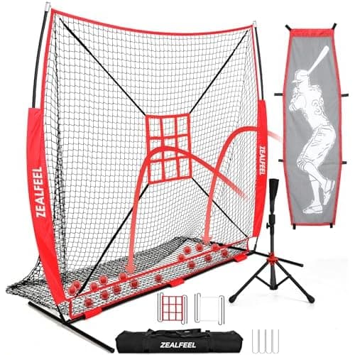 ZEALFEEL Baseball Softball Net, 7x7FT Pitching & Batting Training Net | Batting Practice Net with Dummy Batter, 2 Strike Zones, Ball Collection System