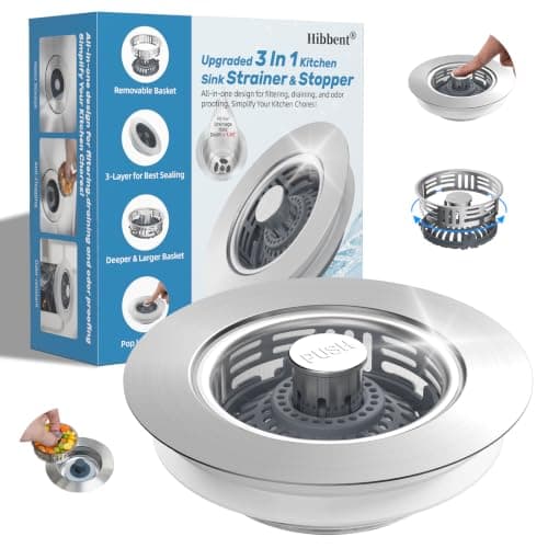 Hibbent Upgraded 2 Pack 3 in 1 Kitchen Sink Drain Strainer, Stainless Steel Pop Up Sink Stopper, Anti-Clogging Basket, 3-Layer Seal, Detachable Plug
