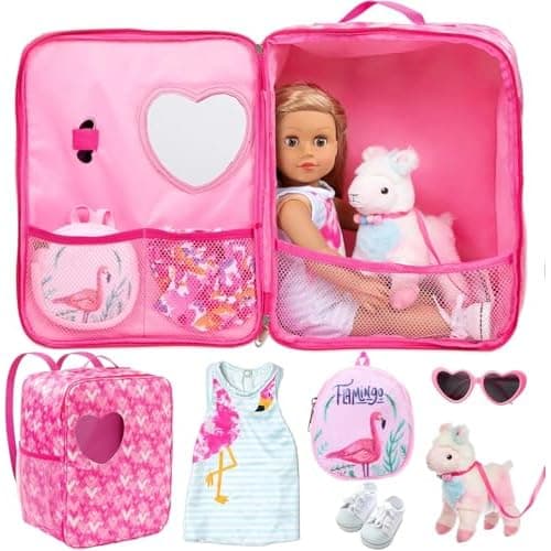 18 Inch Doll Carrier Bag with Complete Outfit Accessories | 6 Pcs Travel Set; Includes Dress, Cloth Shoes, Backpack, Sunglasses & Toy Lamb; For 18