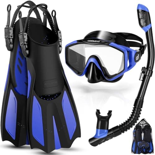 Odoland 4 in 1 Snorkel Set Adult, Snorkeling Packages with Dry Top Diving Mask, Adjustable Swim Fins, Mesh Bag, Anti-Fog Anti-Leak Snorkeling Gear for
