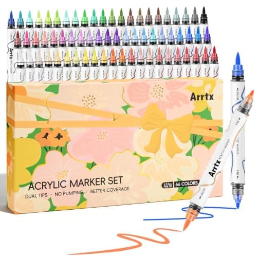 Arrtx 66 Colors Acrylic Paint Pens, Dual Tip Markers with Liquid Ink, No Pumping Needed, for Rock, Wood, Canvas, Ceramic, Glass, DIY Crafts & Art